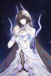  1girl absurdres blue_background blunt_bangs breasts bright_pupils brown_hair cleavage commentary crystal_shards detached_collar detached_sleeves dress earrings english_commentary female_dreamseeker_(honkai_impact) galaxy hair_ornament headpiece highres honkai_(series) honkai_impact_3rd jewelry layered_dress leylah_(honkai_impact) looking_at_viewer official_alternate_eye_color official_alternate_hair_ornament own_hands_together petals seodam300 solo white_dress 