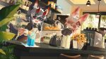  2girls :d ahoge animal_ear_fluff apron black_shirt cafe chair chinese_text commission counter croissant cup drinking_straw english_commentary english_text flower food furry furry_female glass glass_bottle grey_fur grey_hair grey_tail hair_between_eyes hair_ribbon highres holding holding_tray horns indoors kettle looking_at_viewer medium_hair menu_board multiple_girls napkin one_eye_closed open_mouth original pink_fur pink_hair plant ponytail potted_plant reaching reaching_towards_viewer red_eyes ribbon shirt smile t-shirt tray two-tone_fur white_fur white_hair windbiom yellow_apron yellow_eyes yellow_flower 