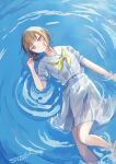  1girl breast_pocket brown_hair closed_mouth commentary_request dress foot_out_of_frame hand_up hasu_no_sora_school_uniform highres jitome kachimachi_kosuzu looking_at_viewer love_live! love_live!_hasu_no_sora_jogakuin_school_idol_club lying_on_water neckerchief pink_eyes pocket sailor_collar school_uniform short_hair short_sleeves signature solo suito summer_uniform virtual_youtuber white_dress white_sailor_collar yellow_neckerchief 