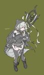  1girl ahoge arknights black_boots black_shirt black_sleeves black_thighhighs boots character_name crocodilian_tail detached_sleeves full_body gloves green_background green_streaks grey_gloves grey_hair hair_over_one_eye highres holding holding_staff hood hood_up hooded_shirt looking_at_viewer multicolored_hair partially_fingerless_gloves pointy_ears shirt simple_background solo staff standing streaked_hair tail thighhighs tomimi_(arknights) torn_clothes torn_thighhighs usagice 