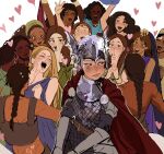  2boys 6+girls a_song_of_ice_and_fire absurdres armor berserk black_hair blush braid breastplate brown_hair cape cj_khalifp closed_eyes daenerys_targaryen dark_skin embarrassed game_of_thrones gem gorget heart helmet highres horse jewelry multiple_boys multiple_girls ponytail purple_eyes purple_gem red_cape scale_armor simple_background sparkling_eyes toga veil white_background white_hair winged_helmet yuri 