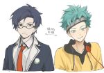  2boys acminaasonde anonymous;code aqua_eyes aqua_hair black_hood blue_jacket chaos;child commentary_request dress_shirt frown glasses grin highres hood hoodie in-franchise_crossover jacket lapels light_blush looking_at_viewer miyashiro_takuru multiple_boys necktie notched_lapels red_necktie science_adventure serious shirt smile takaoka_pollon translation_request white_shirt yellow_hoodie 