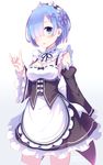  2016 :o apron artist_name blue_eyes blue_hair blush bow breasts cleavage cowboy_shot dated detached_sleeves dress fox_shadow_puppet frilled_dress frilled_sleeves frills hair_ornament hair_over_one_eye highres looking_at_viewer maid maid_headdress medium_breasts no_legwear open_mouth re:zero_kara_hajimeru_isekai_seikatsu rem_(re:zero) ribbon-trimmed_clothes ribbon-trimmed_collar ribbon-trimmed_sleeves ribbon_trim short_hair solo underbust x2 x_hair_ornament 