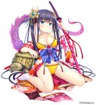  absurdres arm_support arm_up bangs bare_shoulders bikini black_hair blue_eyes blush breasts cleavage collarbone company_name eyebrows eyebrows_visible_through_hair floral_print full_body gem hair_ornament highres holding holding_weapon japanese_clothes kimono long_hair looking_at_viewer medium_breasts namaru_(summer_dandy) official_art rope sandals sash simple_background sitting socks solo string_bikini swimsuit sword tail tassel turtle twintails unmei_no_clan_battle very_long_hair wariza weapon white_background yellow_bikini 