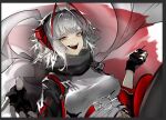  1girl aaaxie antenna_hair arknights black_border black_gloves black_jacket blush border breasts chinese_commentary commentary_request detonator fingerless_gloves gloves grey_hair grey_shirt holding holding_detonator jacket looking_at_viewer medium_breasts multicolored_hair open_clothes open_jacket open_mouth red_streaks sharp_teeth shirt short_hair solo streaked_hair teeth unfinished upper_teeth_only w_(arknights) yellow_eyes 
