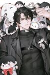  1boy artist_name bags_under_eyes belt biyoo_(omniscient_reader's_viewpoint) black_coat black_hair black_shirt clenched_hand clenched_teeth coat commentary_request doll hand_up high_collar kim_dokja korean_commentary long_sleeves looking_at_viewer male_focus messy_hair objectification omniscient_reader's_viewpoint parted_lips shirt shjpt short_hair simple_background solo stuffed_animal stuffed_toy teeth trench_coat twitter_username watermark white_background yoo_joonghyuk 