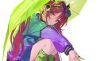  1girl bloom_(irys) blue_eyes cropped earrings goggles goggles_on_head green_umbrella heterochromia highres hololive hololive_english hoop_earrings irys_(hololive) jacket jewelry legs_folded legs_together looking_at_viewer multicolored_jacket pako_(pakosun) pink_eyes pointy_ears red_hair sidelocks skirt smile solo squatting sunglasses transparent transparent_umbrella umbrella virtual_youtuber white_background 