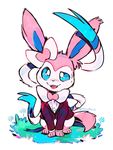  3_toes blue_eyes blush bow_tie canine clothed clothing eeveelution fur male mammal nintendo open_mouth pok&eacute;mon simple_background solo suit super-tuler sylveon teeth toes tuxedo video_games 