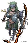  1girl abs absurdres armor artist_name barefoot blue_ogre bow_(weapon) bracer breasts fingerless_gloves from_above gloves headband highres holding holding_bow_(weapon) holding_knife holding_weapon knife large_breasts muscular muscular_female original shin_guards single_sode solo weapon 