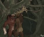  2014 5_fingers against_tree anthro antlers aquila_(morwick) beck_(morwick) brown_fur brown_hair brown_theme cervine digital_media_(artwork) duo ears_back elk equine eyes_closed forest fur grope hair horn horse interspecies kissing male male/male mammal morwick multicolored_fur nude signature standing story story_in_description tree two_tone_fur white_fur 