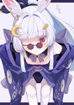  1girl :< absurdres animal_ear_fluff animal_ears bell black_leotard blue_kimono breasts carrot_hair_ornament closed_mouth commentary_request commission cowboy_shot crescent crescent_hair_ornament cross-shaped_pupils detached_collar extra_ears flying_sweatdrops food-themed_hair_ornament glasses hair_ornament highres japanese_clothes jingle_bell kimono leaning_forward leotard long_hair looking_at_viewer neck_bell ogami_kazuki one_eye_closed original pince-nez ponytail rabbit_ears rabbit_girl red-framed_eyewear red_eyes round_eyewear skeb_commission small_breasts solo symbol-shaped_pupils thick_eyebrows thick_eyelashes thighhighs white_hair white_thighhighs yamanashi_kiwako_(ac8231) 