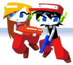  1boy 1girl android aqua_background baggy_pants baseball_cap black_hair black_shirt black_shoes blonde_hair blue_eyes cave_story colored_skin crop_top curly_brace gradient_background gun hat holding holding_gun holding_weapon long_hair oekaki pants pink_shirt pink_tank_top quote_(cave_story) red_hat red_pants robot_boy robot_ears robot_girl shirt shoes short_hair simple_background sleeveless smile tank_top teknodice voxel_art weapon white_background white_skin 