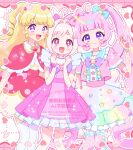  3girls :d ahoge animal_ears aozora_himari blonde_hair blue_bow blue_sailor_collar bow bowtie capelet chii_(chi_pppuri) closed_mouth collared_capelet commentary cosplay costume_switch cropped_shirt crossover delicious_party_precure dress dress_bow fox_ears frilled_capelet frilled_dress frilled_sailor_collar frills hair_bow hands_up highres himitsu_no_aipri idol_time_pripara in-franchise_crossover kome-kome kome-kome_(human) long_hair looking_at_viewer multiple_girls open_mouth pink_bow pink_dress pink_eyes pink_hair pink_shirt pink_thighhighs precure pretty_series pripara purple_bow purple_bowtie purple_eyes rainbow_skirt red_capelet red_dress sailor_collar sailor_shirt shirt smile thighhighs twintails two_side_up untranslatable_commentary white_thighhighs wrist_bow yumekawa_yui 