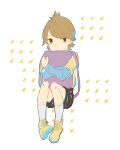  1boy aged_down akadaidai bag black_shorts blue_shirt brown_eyes brown_hair child commentary expressionless gamon_yuuta hugging_object kneehighs looking_at_viewer male_focus occultic;nine purple_bag science_adventure shirt shirt_under_shirt shoes shorts sneakers socks solo white_socks yellow_shirt yellow_shoes 