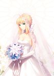  ahoge artoria_pendragon_(all) bare_shoulders blonde_hair bouquet braid bridal_veil collarbone cowboy_shot dress elbow_gloves eyebrows eyebrows_visible_through_hair fate/stay_night fate_(series) flower french_braid gloves green_eyes saber smile solo strapless strapless_dress transparent veil wedding_dress white_dress white_gloves yaho_(yaho0211) 