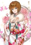  1girl :d bag bangs blue_eyes blush brown_hair commentary_request cowboy_shot eyebrows_visible_through_hair floral_print flower fur_collar glint haibara_ai hair_between_eyes handbag hands_up head_tilt holding holding_bag ice_(ice_aptx) japanese_clothes kimono long_sleeves looking_at_viewer meitantei_conan obi open_mouth pink_flower print_kimono sash short_hair smile solo standing translation_request white_background white_kimono wide_sleeves 