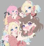  5girls :3 :d ;d ahoge animal_ear_fluff animal_ears animalization anyoji_hime anyoji_hime_(seal) black_ribbon blonde_hair blue_eyes blush brown_dress brown_hair cat_ears cat_girl cat_tail chibi commentary_request dress dual_persona fang finger_heart flower fujishima_megumi gradient_hair grey_background grin hair_flower hair_ornament hair_ribbon hasu_no_sora_school_uniform highres hood hood_down hooded_jacket jacket kemonomimi_mode kentotto long_hair love_live! love_live!_hasu_no_sora_jogakuin_school_idol_club love_live!_hasu_no_sora_jogakuin_school_idol_club_bloom_garden_party mira-cra_park! multicolored_hair multiple_girls neckerchief one_eye_closed open_mouth osawa_rurino person_and_animalization pink_flower pink_hair pink_jacket purple_eyes red_neckerchief ribbon sailor_collar sailor_dress school_uniform seal_(animal) simple_background smile tail twintails two_side_up unfinished virtual_youtuber white_sailor_collar winter_uniform 