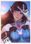  ;) blue_sky brown_hair d.va_(overwatch) day headphones highres looking_at_viewer one_eye_closed overwatch parted_lips photo raikoart signature sky smile solo v whisker_markings 