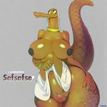  anthro big_breasts bracelet breasts crocodile crocodilian female huge_breasts jewelry nipples pussy reptile scalie sefsefse smile solo tinder wide_hips 