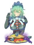  1girl absurdres alexandrina_sebastiane black_dress black_gloves breasts closed_eyes closed_mouth commentary dress eating english_commentary food food_on_face gloves grey_hair hair_between_eyes hand_up highres holding holding_spoon kai798 large_breasts long_hair maid maid_headdress partially_fingerless_gloves simple_background smile solo spoon upper_body white_background zenless_zone_zero 