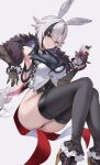  1girl absurdres alternate_costume animal_ear_hairband animal_ears arlecchino_(genshin_impact) armpits ass black_eyes black_hair black_hands black_leotard black_streaks black_thighhighs breasts coattails colored_extremities commentary_request cup fake_animal_ears genshin_impact hairband highleg highleg_leotard highres holding holding_cup invisible_chair large_breasts leotard long_hair looking_at_viewer multicolored_hair nontraditional_playboy_bunny pi_tayuko rabbit_ear_hairband rabbit_ears sitting smile solo streaked_hair tailcoat thighhighs vest white_background white_hair white_vest 