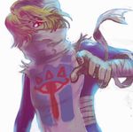  androgynous arinnkosan bandages blonde_hair blue_gloves bodysuit covered_mouth gloves hair_over_one_eye hat long_hair mask red_eyes sheik solo surcoat the_legend_of_zelda the_legend_of_zelda:_ocarina_of_time 