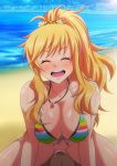  1boy 1girl beach blonde_hair bottomless breasts cleavage collarbone commentary_request cowgirl_position cum cum_in_pussy day eyes_closed front-tie_top happy_sex highres idolmaster idolmaster_cinderella_girls jewelry large_breasts long_hair motion_lines necklace o-ring o-ring_top ocean ootsuki_yui pov_crotch pubic_hair rainbow_bikini sex sidelocks solo_focus sparkle straddling striped_bikini_top sweat swimsuit tanuki_(metaltanuki) vaginal 