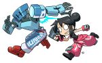  1girl aqua_armor armor artist_logo baggy_shorts black_hair black_shirt black_shoes black_tank_top blank_eyes blue_armor blue_pants borrowed_character clothes_around_waist dynamic_pose edith_(teknodice) energy_gun fingerless_gloves gloves hair_bun highres holding holding_energy_gun holding_weapon humanoid_robot jacket jacket_around_waist logo muu_(mumumer) original pants pentel_(teknodice) pink_gloves pink_jacket pink_pants red_feet robot running shirt shoes short_hair simple_background solid_eyes sweatpants tank_top thrusters two-tone_armor two-tone_pants weapon white_background 