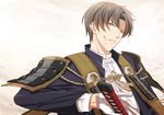  armor blood blood_on_face brown_hair gloves heshikiri_hasebe japanese_armor katana male_focus parted_lips purple_eyes rainsp ready_to_draw shoulder_armor sode solo sword touken_ranbu upper_body weapon white_gloves 