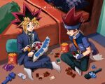  2boys bandaid bandaid_on_face bandaid_on_nose bed beyblade beyblade_(object) blue_headband blue_pants blue_vest card chain chips_(food) commentary crossover duel_disk english_commentary food full_body gloves green_pants hagane_ginga headband highres indian_style indoors looking_at_another luka_kishatu male_focus multiple_boys orange_shirt pants red_eyes scarf shirt signature sitting spiked_hair vest yami_yugi yu-gi-oh! 