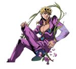  1boy alpha_transparency blonde_hair cleavage_cutout clothing_cutout earrings figure_four_sitting flower giorno_giovanna green_eyes halftone halftone_background jewelry jojo_no_kimyou_na_bouken male_focus official_art pectoral_cleavage pectorals plant sitting solo stud_earrings transparent_background vento_aureo victory_rolls vines 