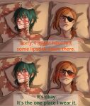  2girls commentary eyepatch green_hair highres jujutsu_kaisen kugisaki_nobara lumen_sky multiple_girls on_bed orange_hair red_eyes scar scar_across_eye scar_on_arm scar_on_back scar_on_face short_hair smile yuri zen'in_maki zen'in_maki_(post-shibuya) 