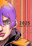  1boy 2025 araki_hirohiko_(style) close-up commentary_request crosshatching earrings hair_between_eyes happy_new_year hatching_(texture) hood hood_down hooded_overalls jewelry jodio_joestar jojo_no_kimyou_na_bouken male_focus multicolored_hair official_style orange_hair overalls pink_lips portrait purple_eyes purple_hair saradaver solo the_jojolands two-tone_hair 