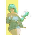  1girl absurdres alexandrina_sebastiane alternate_costume bare_shoulders blush breasts closed_mouth collarbone commentary covered_navel dress english_commentary grey_sweater hair_between_eyes hand_on_own_chest highres invisible_chair kai798 large_breasts long_hair looking_at_viewer off-shoulder_sweater off_shoulder red_eyes sitting smile solo sweater sweater_dress thighs very_long_hair zenless_zone_zero 