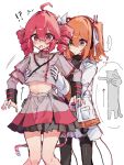  !? ... 2girls a.i._voice adachi_rei ahoge armpit_carry arrow_(symbol) black_pantyhose black_shirt blush bow cardiogram_print carrying carrying_person colored_petticoat commentary cowboy_shot double-parted_bangs drill_hair gloves grey_jacket grey_skirt hair_between_eyes hands_on_another's_chest headlamp highres jacket kasane_teto kasane_teto_(sv) longcat_(meme) meme midriff mochimochi_(kh0km4owii6325) motion_lines multiple_girls navel_peek nose_blush orange_eyes orange_hair pantyhose petticoat radio_antenna red_eyes red_hair red_nails red_skirt red_trim ribbon shirt shoulder_belt side_ponytail simple_background skirt speech_bubble spoken_ellipsis surprised synthesizer_v thought_bubble twin_drills two-tone_shirt utau white_background white_bow white_gloves white_jacket white_ribbon white_skirt yuri 