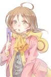  1girl aikawa_miyuu animal_ear_hood blush brown_eyes brown_hair buttons card coat fox_(770205490) grey_shirt hair_between_eyes highres holding holding_card hood jacket long_hair occultic;nine open_mouth pink_jacket school_uniform science_adventure seimei_high_school_uniform shirt solo surprised tarot tongue white_background yellow_coat 