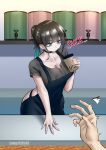  1boy 1girl absurdres alternate_language apron aqua_eyes aqua_hair artist_name ass barbell_piercing black_choker black_hair blue_apron breasts brown_shirt bubble_tea cafe choker cleavage collarbone commentary counter cup drinking drinking_straw ear_piercing earrings english_commentary english_text gradient_hair hand_on_table highres holding holding_cup indirect_kiss indoors industrial_piercing jewelry lamp159568 large_breasts leaning_forward long_hair multicolored_hair multiple_earrings nearly_naked_apron original out_of_frame piercing ponytail pov shirt short_sleeves solo_focus sound_effects speech_bubble two-tone_hair variant_set yahan_(lamp159568) 