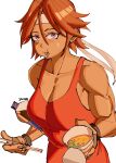  1girl 3amsoda breasts chopsticks cleavage collarbone dark-skinned_female dark_skin eating food headband highres holding holding_chopsticks instant_cup_noodles instant_noodles kirishima_kanna large_breasts looking_at_viewer muscular muscular_female noodles orange_hair purple_eyes ramen sakura_taisen short_hair solo sweatdrop tank_top tomboy white_background white_headband workout_clothes 