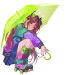  1girl :d absurdres black_horns bloom_(irys) blue_eyes blue_jacket blue_sky double_halo eyewear_on_head from_side full_body green_umbrella grin hair_ornament hairclip halo heterochromia highres holding holding_umbrella hololive hololive_english horns irys_(hololive) jacket leg_warmers long_hair long_sleeves looking_at_viewer miniskirt pako_(pakosun) pointy_ears purple-tinted_eyewear purple_eyes purple_hair purple_sleeves roller_skates simple_background skates skirt sky smile solo squatting star-shaped_pupils star_(symbol) star_halo sunglasses symbol-shaped_pupils tinted_eyewear transparent transparent_umbrella twintails umbrella very_long_hair virtual_youtuber white_background 