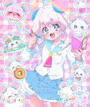  1girl :d blue_eyes blue_hair blue_sailor_collar blue_skirt book breast_pocket chibikemo chii_(chi_pppuri) commentary cowboy_shot creature frilled_skirt frills fuwa_(precure) highres holding holding_book holding_pen long_sidelocks marking_on_cheek multicolored_hair multiple_views necktie open_mouth pen pink_background pink_hair pink_necktie plaid_background pleated_skirt pocket precure sailor_collar shirt short_hair sidelocks skirt smile star_(symbol) star_twinkle_precure white_hair white_shirt 