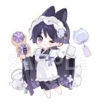  1boy alternate_costume animal_ears apron barefoot black_hair black_kimono black_sleeves blunt_ends blush cat_boy cat_ears chibi chibi_only choppy_bangs closed_mouth commentary_request cranberry11_207 cup eyeliner floral_print_sleeves flower frilled_apron frills full_body furin_(bell) genshin_impact hair_flower hair_ornament highres holding holding_plate holding_sword holding_weapon japanese_clothes katana kettle kimono korean_commentary maid maid_headdress makeup male_focus one_eye_closed plate purple_eyes purple_flower red_eyeliner sample_watermark scaramouche_(genshin_impact) scaramouche_(kabukimono)_(genshin_impact) sheath sheathed smile solo sword sword_tassel tassel wa_maid watermark weapon weapon_tassel white_apron white_background wide_sleeves wind_chime wolf_cut yunomi 