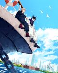  2boys black_hair blue_sky boat choso_(jujutsu_kaisen) city cityscape closed_mouth commentary_request facial_mark highres itadori_yuji jujutsu_kaisen kanagawa_prefecture multiple_boys ocean pink_hair port_of_yokohama renonorakugaki short_hair sky water watercraft yokohama yokohama_landmark_tower 