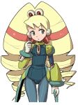  1girl armor bad_id blonde_hair bodysuit cosplay drill_hair green_armor green_eyes heriyama long_hair looking_to_the_side luna_platz_(mega_man) mega_man_(series) mega_man_star_force_(series) mega_man_x_(series) pallette_(mega_man) pallette_(mega_man)_(cosplay) parted_lips simple_background twin_drills very_long_hair white_background 
