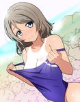  absurdres ankoiri bare_shoulders blue_eyes blush breasts brown_hair cleavage competition_swimsuit highres looking_at_viewer love_live! love_live!_sunshine!! medium_breasts one-piece_swimsuit one-piece_tan short_hair smile solo swimsuit tan tanline watanabe_you 