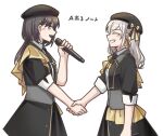 2girls a_deru_note beret black_hat black_jacket blush ceras_yanagida_lilienfeld collared_shirt commentary_request edel_note grey_hair grin hair_ornament hair_ribbon handshake hat jacket jellyfish_cut katsuragi_izumi long_hair looking_at_another love_live! love_live!_hasu_no_sora_jogakuin_school_idol_club multiple_girls open_clothes open_jacket open_mouth orange_eyes potatopenggu profile ribbon shirt sideways_mouth simple_background smile song_name theater_ikizama triangle_hair_ornament white_background white_shirt yellow_ribbon 