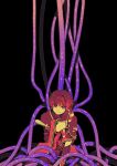  1boy armor black_background black_kimono blunt_ends cable commentary_request furisode genshin_impact gold_trim hand_up japanese_armor japanese_clothes juban kimono kote layered_sleeves looking_at_viewer male_focus oriiiiiiiiiiii parted_lips purple_eyes red_hair red_kimono rope scaramouche_(genshin_impact) scaramouche_(harbinger)_(genshin_impact) shimenawa short_sleeves shorts single_sode smile solo tassel tsurime white_kimono white_mouth wispy_bangs 