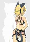  animal_ears arm_at_side ass bikini black_bikini black_gloves blonde_hair blue_eyes cat_ears cat_tail closed_mouth collarbone flat_chest from_behind gloves hair_ornament hairclip kagamine_rin kemonomimi_mode looking_at_viewer nail_polish navel negi_(ulog'be) number profile short_hair silhouette solo standing stomach swimsuit tail tail_slit_clothes tail_through_clothes tattoo vocaloid yellow_nails 