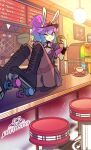  1girl animal_ears black_hat black_jacket black_panties blue_eyes blue_hair boots brooch burger character_name cottontail_(vtuber) diives diner eating food gradient_hair hat heart heart_brooch highres holding holding_burger holding_food indie_virtual_youtuber jacket jewelry jukebox lace-up_boots looking_at_viewer multicolored_hair nichiroart official_alternate_costume on_counter one_eye_closed panties pantyhose ponytail purple_hair rabbit_ears roller_skates skates souredapple thighband_pantyhose underwear virtual_youtuber 