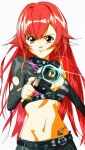  1girl aiming aiming_at_viewer belt bikini bikini_top_only black_belt black_bikini black_collar black_shorts black_shrug breasts cleavage closed_mouth collar commentary diffraction_spikes fish_skeleton grey_bikini gun hair_flaps holding holding_gun holding_weapon long_hair long_sleeves looking_at_viewer medium_breasts multicolored_bikini navel nekota_tsuna nekota_tsuna_(1st_costume) orange_eyes red_hair shorts shrug_(clothing) sidelocks simple_background smirk solo stomach stomach_tattoo storyteller777 striped_bikini striped_clothes swimsuit tattoo torn_clothes torn_sleeves two-tone_bikini untranslatable_commentary upper_body virtual_youtuber vspo! weapon white_background 