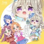  4girls aged_down akechi_anna antenna_hair aqua_eyes blue_bow blue_bowtie blue_capelet blue_hair blue_hat blue_shoes blue_skirt blue_thighhighs blue_tube_top boater_hat bottle bow bowtie bridal_gauntlets butterfly_hat_ornament capelet child closed_eyes commentary_request cosplay cure_eclair cure_eclair_(cosplay) green_eyes grey_hair hair_intakes hands_on_own_cheeks hands_on_own_face hat hat_ornament highres howa_kurea kobayashi_mikuru long_hair marimari2793 medium_hair meitantei_precure! midriff moria_luluka multiple_girls navel open_mouth orange_hair perfume_bottle precure purple_bridal_gauntlets purple_eyes purple_hair shoes single_thighhigh skirt smile speech_bubble split_ponytail strapless thighhighs tilted_headwear top_of_lily_fragrance translation_request tube_top two_side_up 